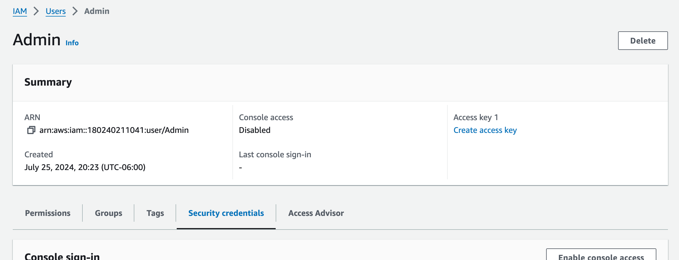 Security credentials tab for the new user